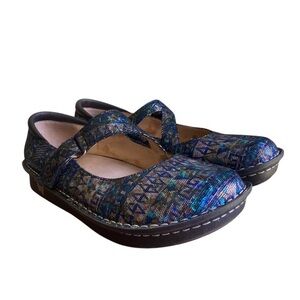 Alegria Blue Mules Maryjane Clogs with Vibrant Shiny Design